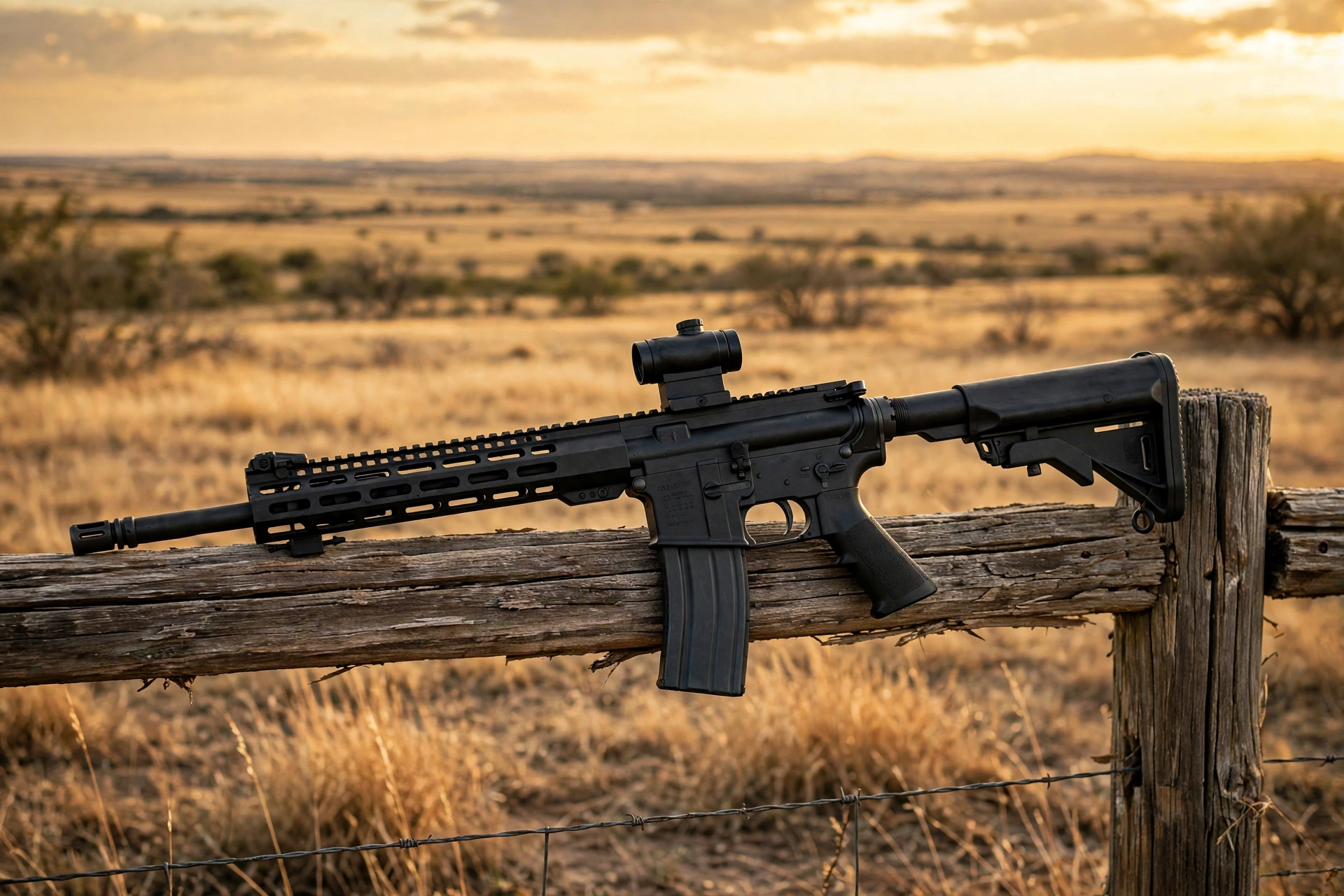 AR-15 sporting rifle on a ranch fence at golden hour
